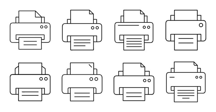 Eight minimal printer icons in a row - Clean, simple line art icons of eight printers aligned neatly for design or tech use.