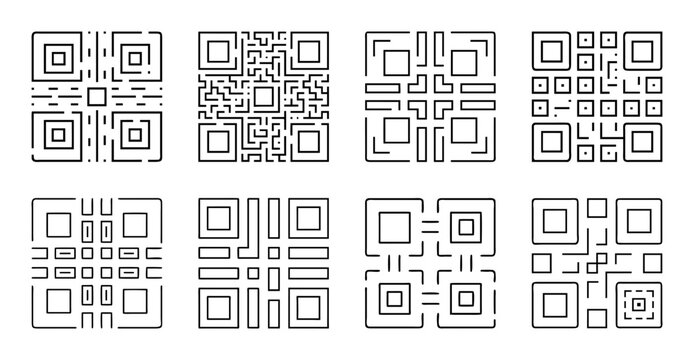 Minimalist qr code and puzzle pattern icons set - Collection of clean QR codes and puzzle-style geometric patterns in a modern icon design style.
