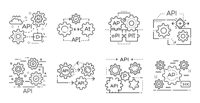 Cogwheel gears mechanical system illustration - Colorful set of interlocking gears and mechanical parts in a clean, organized layout for diagrams or infographics.
