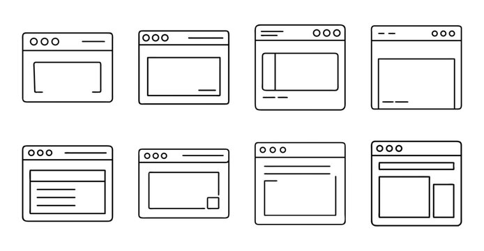 Modern browser window mockups with labels - Clean set of browser window mockups in flat design, labeled with sample text for web or app development use.