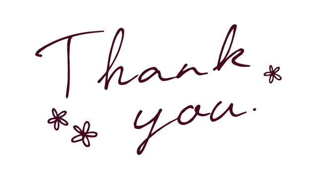 ペンで書いた手書きのThank youの文字と花　おしゃれな感謝のメッセージ　筆記体の英語　ありがとう