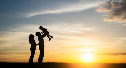 Fototapeta premium Silhouette of a happy family with a baby playing at sunset parents lifting their child up against a beautiful golden sky, representing love and togetherness