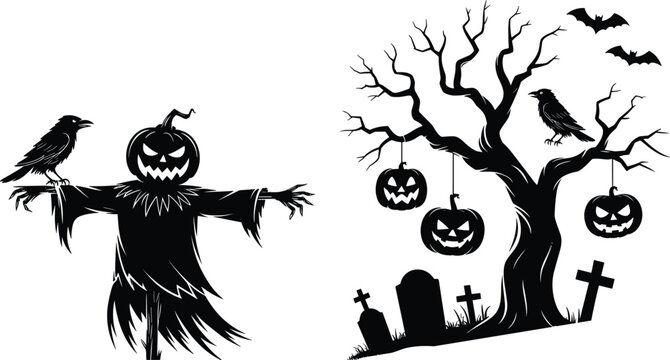 Halloween haunted scarecrow and spooky graveyard silhouette vector illustration with eerie pumpkin head, bats, jack‑o&rsquo;‑lanterns and horror artwork