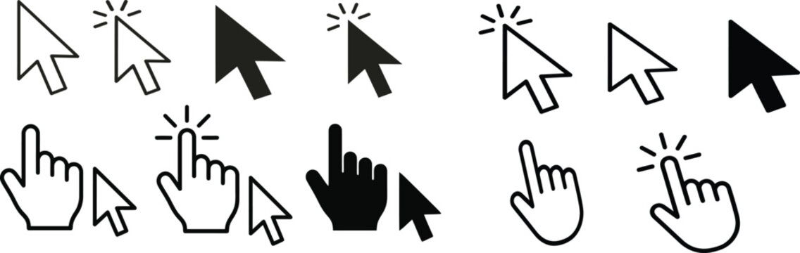 Click cursor set icon, arrow and hand pointer, computer cursor mouse forms 