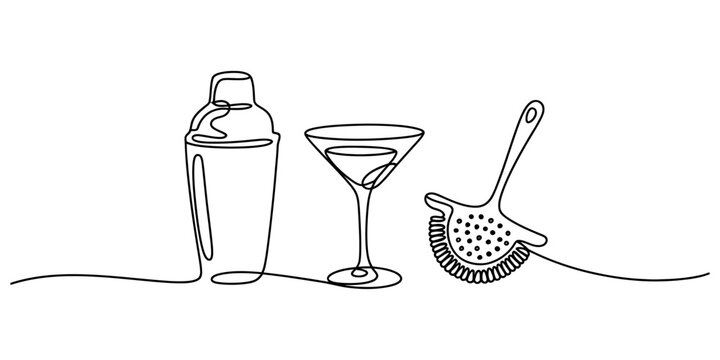 Continuous line art of cocktail shaker martini glass and bar strainer