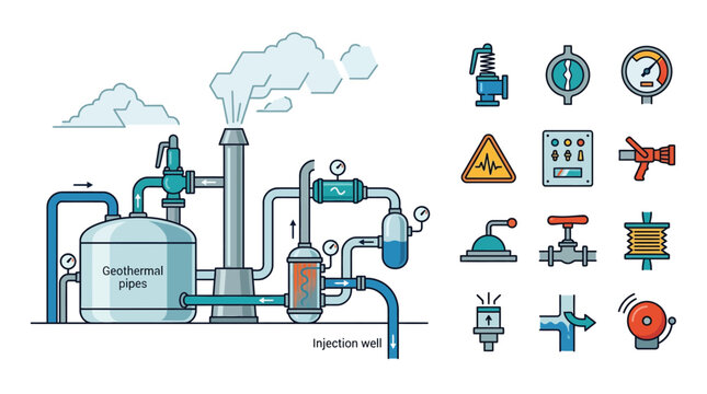 A flat vector illustration of a geothermal power plant system with pipes, injection well, and cooling tower, including a collection of industrial engineering and energy icons.