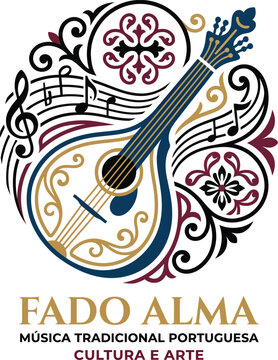 Traditional Portuguese fado guitar logo with elaborate floral motifs