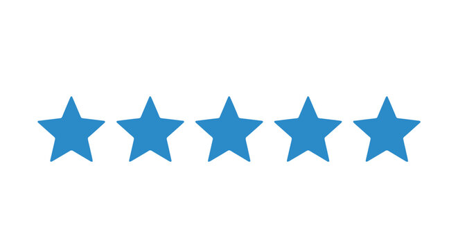 Five blue stars are shining brightly on a white background in a close-up view with a graphic design.