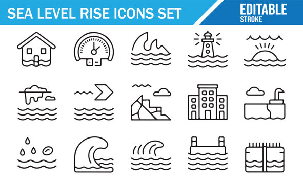 Coastal Erosion and Sea Level Rise Icons Pack for Climate Awareness Design