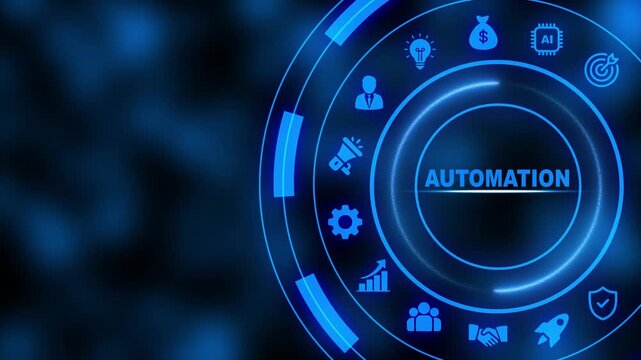 Futuristic Industrial Automation and Digital Process Optimization Concept Animation Featuring Glowing Blue HUD Interface Graphic Elements and Corporate Technology Icons