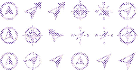 Fototapeta premium Minimalist navigation vector icon set, 18 purple dotted compass and arrow symbols, modern direction and location graphics for digital maps and UI design isolated PNG with Transparent Background