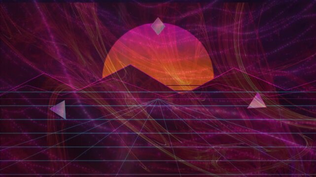 Retro Synthwave Background with Glowing Sun and Neon Mountain Grid