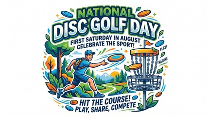 Colorful disc golf day illustration with sports equipment and nature theme
