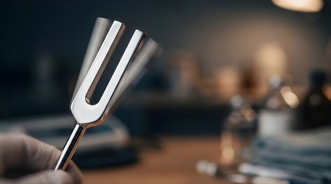 Vibrate metal tuning fork held by a doctor for hearing test in a hospital
