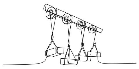 Technical line drawing of a pulley system with hanging weights © Chtro
