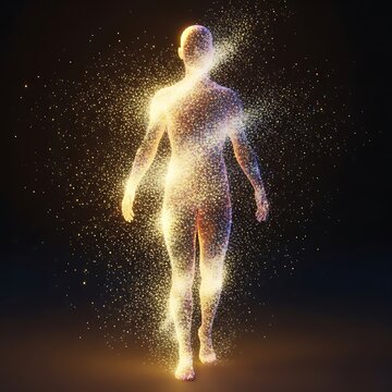 Human body glowing particles disintegrating.
