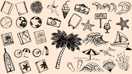 hand drawn sketch collection of travel and vacation themed objects on a beige background © PRODIP