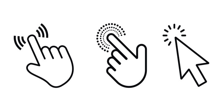 Mouse click cursor icon. Cursor set in arrow forms. Black and white pointer finger symbol for website navigation.