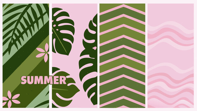 Four vertical posters with tropical leaf and wave patterns featuring a summer theme and pink and green color scheme