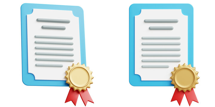 3D illustration of a license or certificate document with official seal. Business contract, diploma, approval and authorization concept in a clean modern style isolated on transparent background