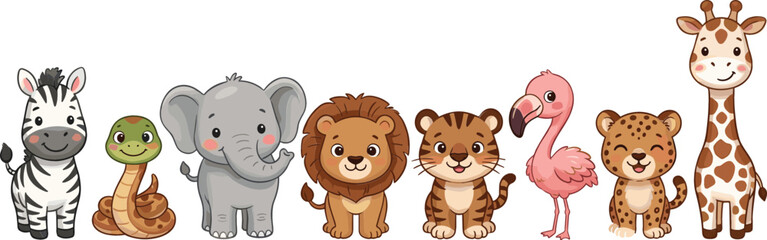Cute cartoon African safari jungle animals horizontal border set with lion tiger giraffe elephant zebra cheetah flamingo isolated on white background vector illustration © ovi