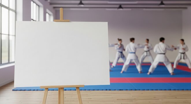 Blank canvas on easel in karate training studio with students practicing kata in background. Karate class features focused students in white uniforms on colorful mats practicing techniques.