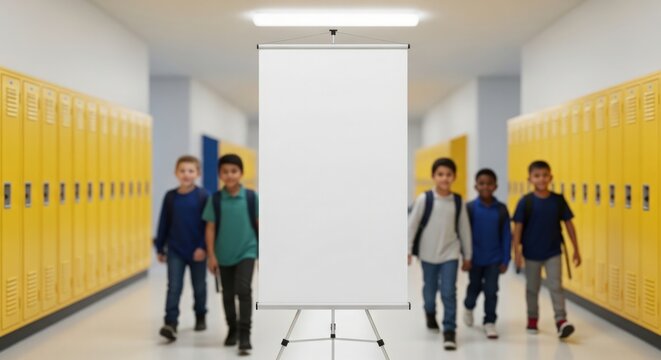 Children walking in hallway with empty street banner in foreground. Group of diverse kids in school uniforms approaching bright yellow lockers, creating vibrant atmosphere for school events.
