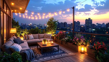 Naklejka premium Beautiful evening view of a cozy apartment balcony decorated with glowing fairy lights and lush potted plants overlooking a city skyline.
