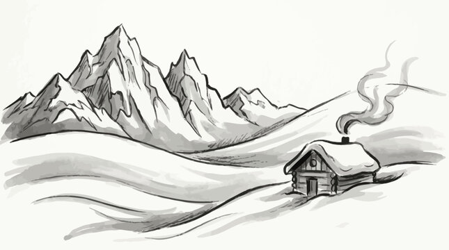 A cozy cabin in snowy mountains.