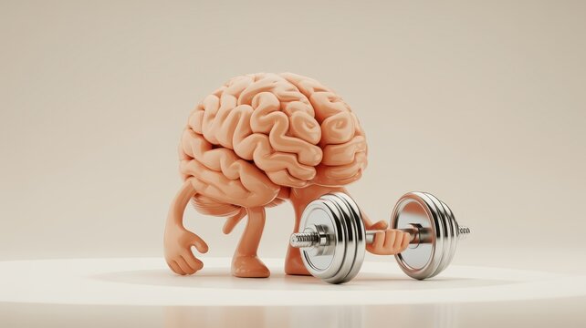 A cute cartoon brain character lifting a heavy metal dumbbell to build strength and improve mental fitness