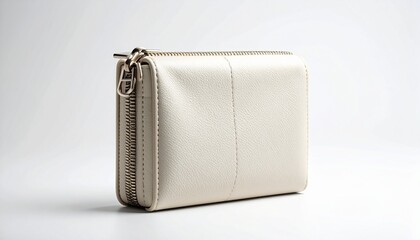 Naklejka premium Elegant cream colored leather wallet or cosmetic pouch with a metallic zipper closure isolated on a clean white background for minimalist style.