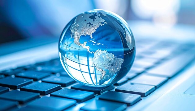 A conceptual blue glass globe resting on a modern laptop computer keyboard symbolizing global internet connectivity and international business.