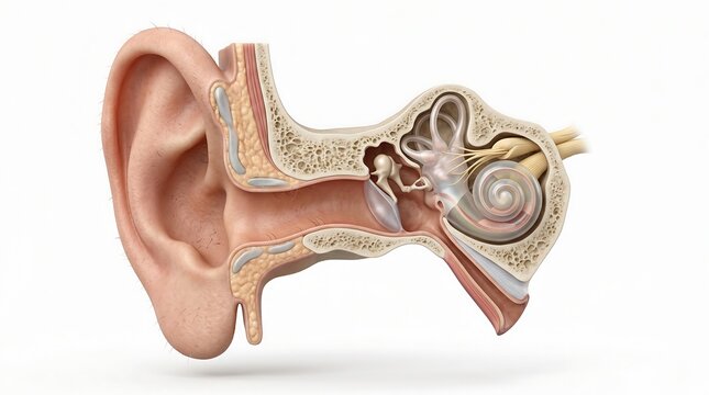 Comprehensive conceptual 3D illustration of human ear anatomy, cross-section revealing auditory structures for hearing