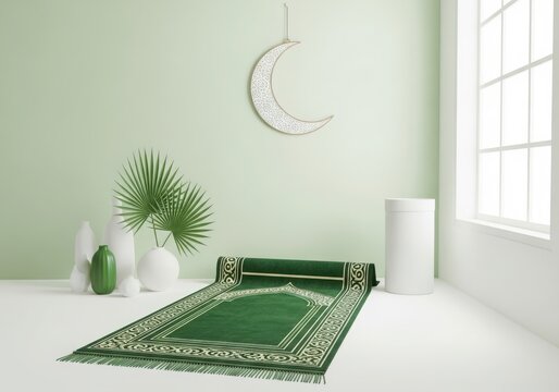 A serene prayer room with a green prayer mat and a crescent moon decoration
