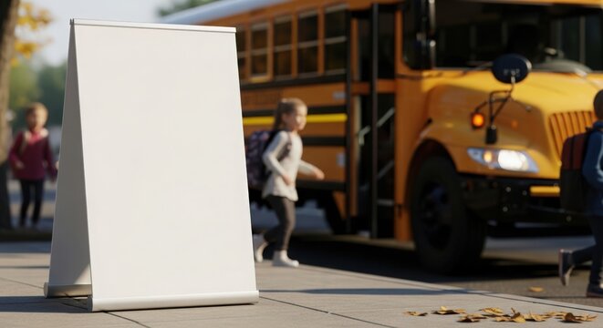 Street banner mockup next to school bus with children walking on sidewalk. Street banner blank space awaits creative design for school announcements and events.