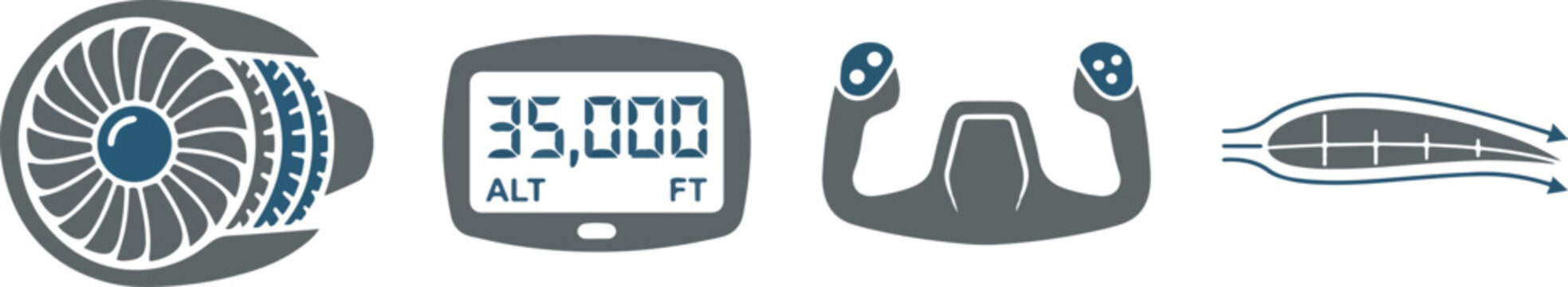Aerospace and aviation navigation symbols with turbine engine altimeter cockpit yoke and aerodynamic wing section.