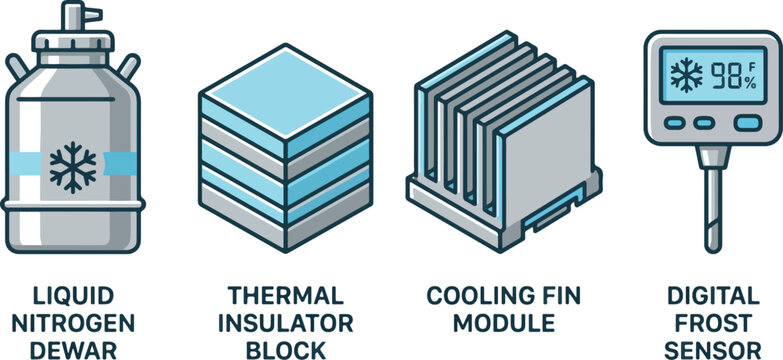 Cryogenic industrial equipment icons including liquid nitrogen dewar thermal insulator block and digital frost sensor.