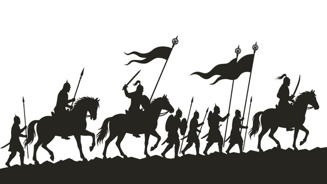 mounted warriors with flags and spears in procession dramatic black silhouette