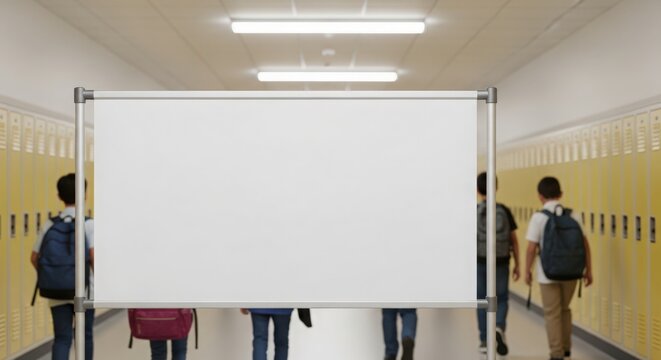 Students walking in school hallway with empty street banner mockup in foreground. School environment includes lockers, backpacks, and students heading to classes.