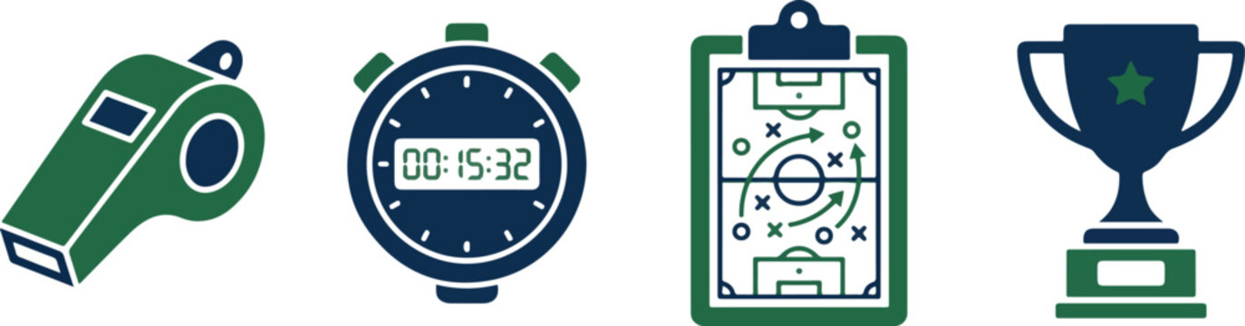 Professional sports management equipment icons showing referee whistle stopwatch tactical board and gold winner cup.