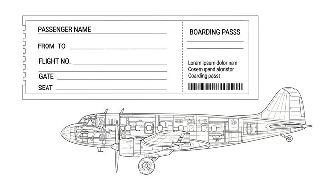 Vintage airplane illustration with a boarding pass template for travel concepts