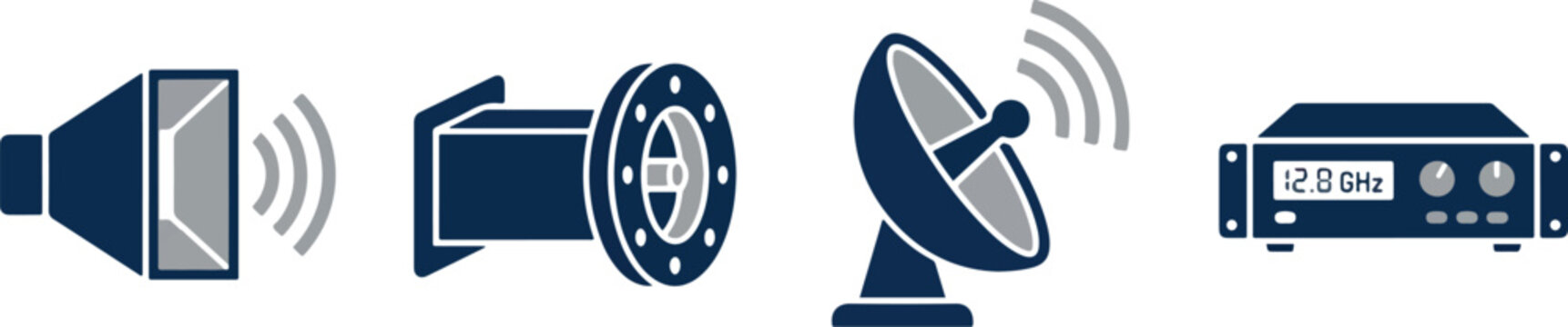 Sound speaker, megaphone, parabolic dish, radar and receiver icons vector illustration.