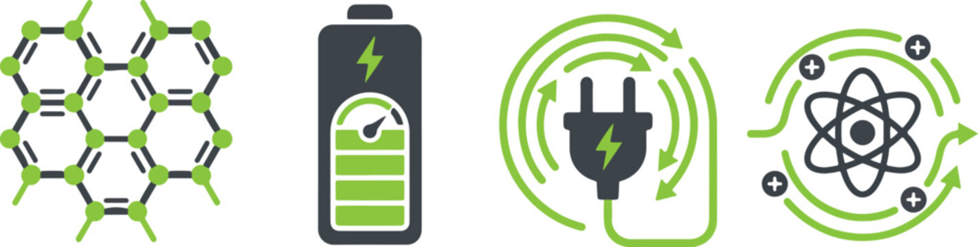 Sustainable energy storage icons including graphene structure high capacity battery electric plug and atomic power.
