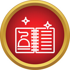 Obraz premium White outline illustrating an open spellbook with sparkling stars on a red and gold button