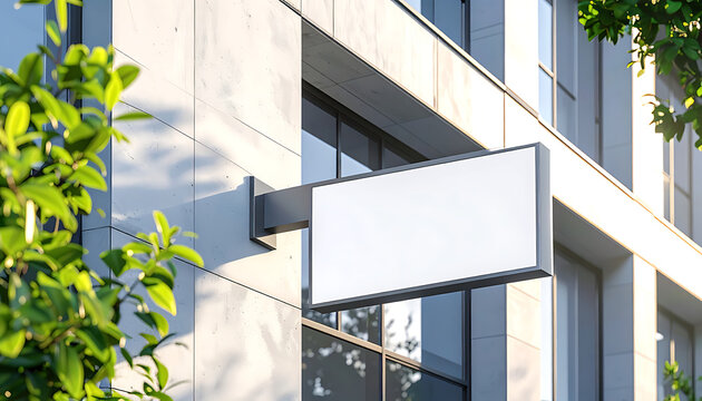 Blank sign board hanging on a modern building exterior, with green leaves framing the scene, ready for custom text and branding