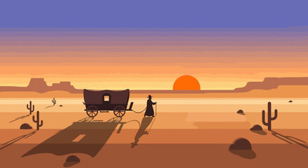 Lone traveler with covered wagon in desert at sunset © Anis
