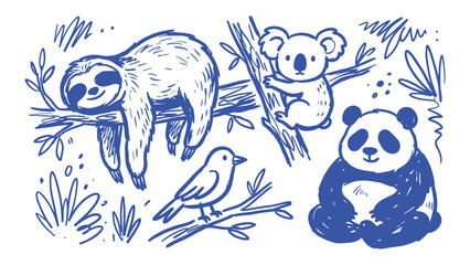 Hand drawn blue ink doodle set of wild animals with sloth koala panda and bird in sketchy line art style © Zyariss