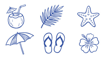 Blue hand drawn summer beach icons set featuring coconut cocktail palm leaf starfish umbrella flip flops and hibiscus flower for tropical vacation design © Zyariss