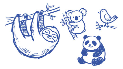 Hand drawn animal sketches set with sloth koala panda and bird in blue line art doodle style © Zyariss