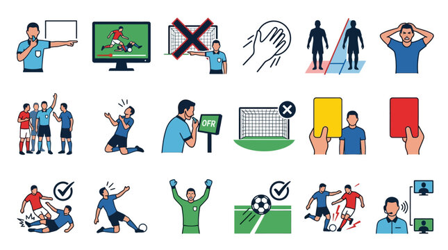 Vector collection of soccer referee icons featuring VAR video reviews, yellow and red cards, offside decisions, handball fouls, goal line technology, on-field reviews, and player reactions.